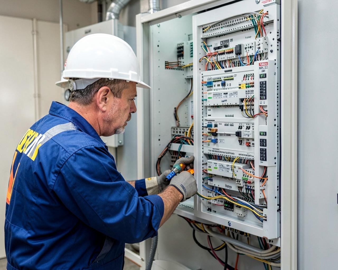 Licensed electrician servicing a commercial electrical panel