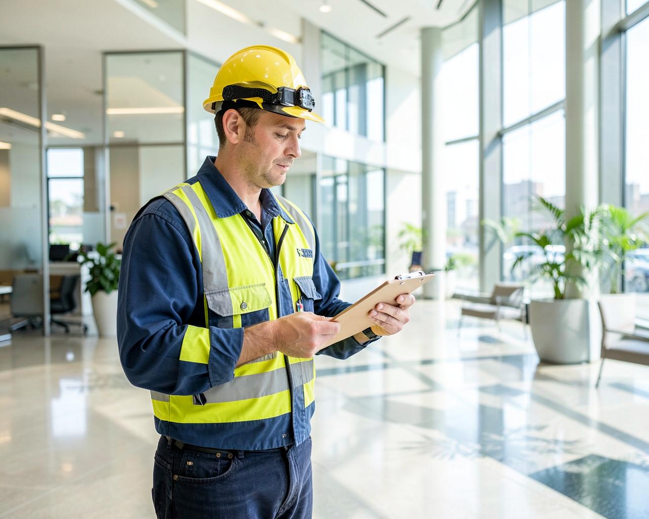Maintenance technician with a clipboard inspecting a commercial building lobby