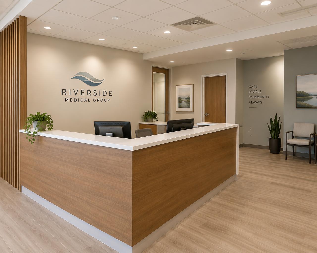 Finished medical clinic reception with wood millwork desk