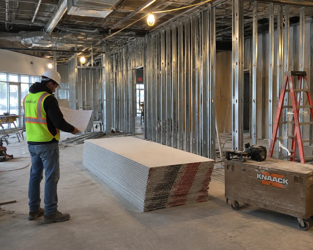 Retail tenant improvement under construction with new metal stud demising walls