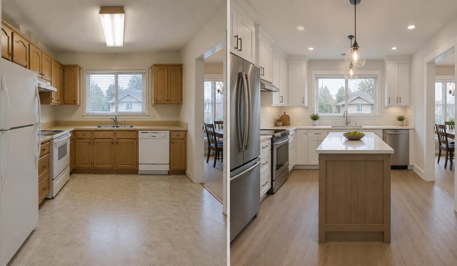 Concept comparison of the same dated kitchen before and after a complete renovation