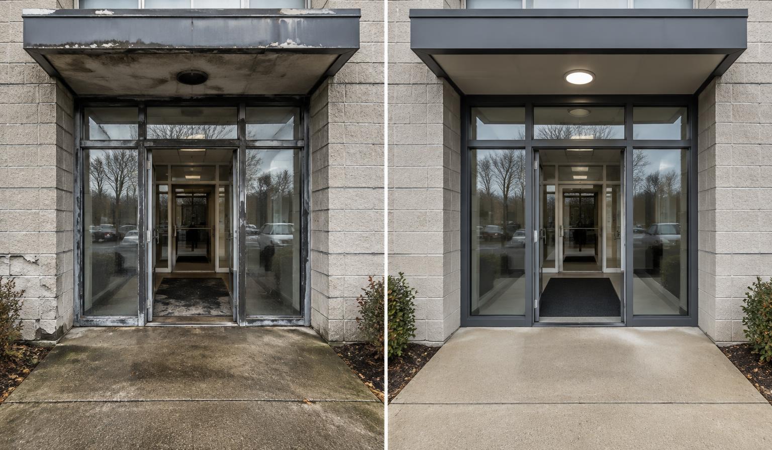 Concept comparison of the same neglected commercial entrance before and after property maintenance