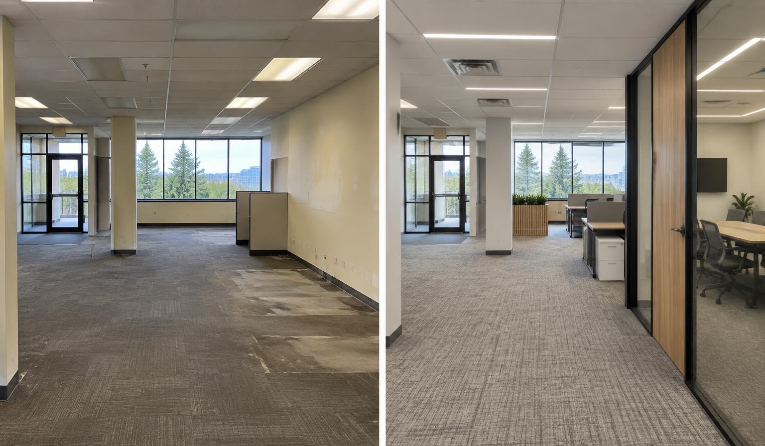 Concept comparison of the same vacant office suite before and after a tenant improvement