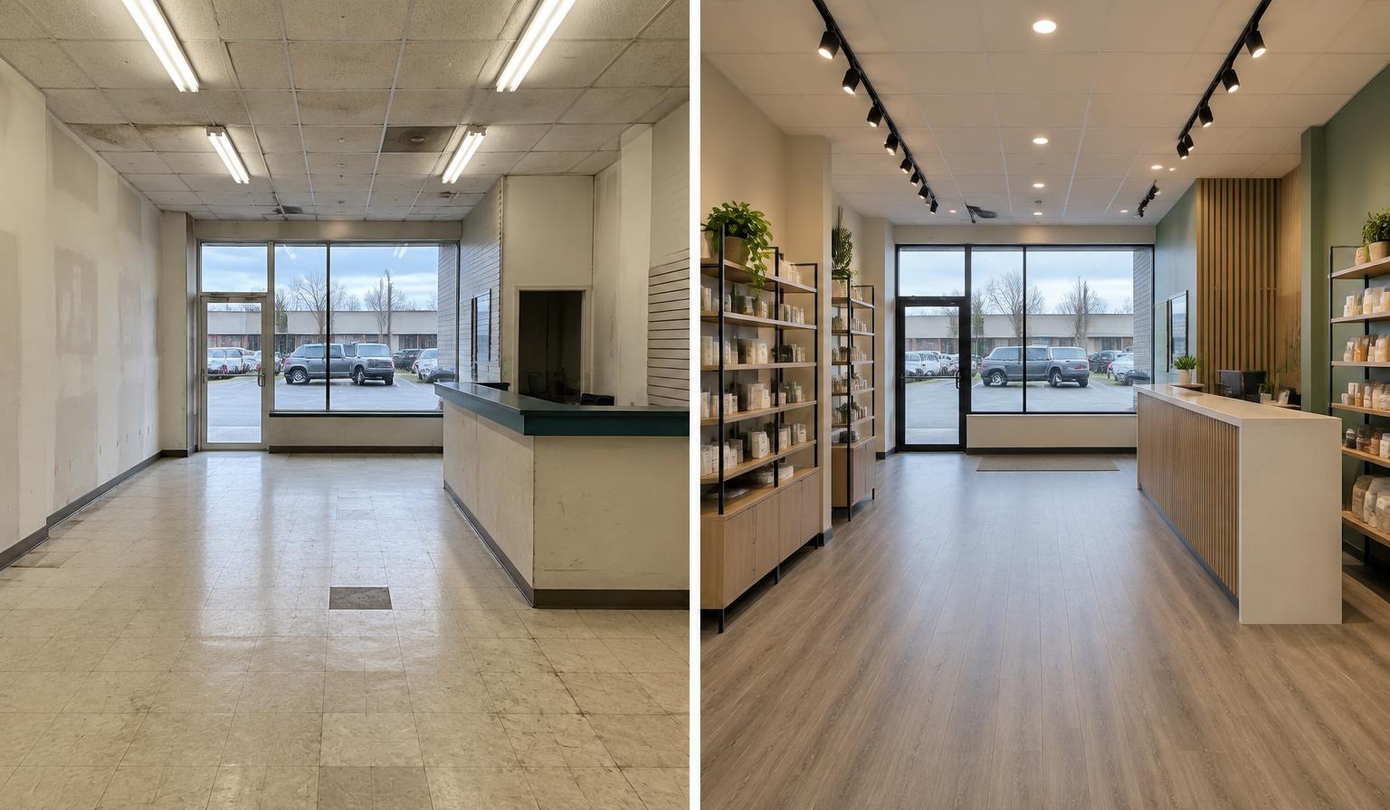 Concept comparison of the same tired retail unit before and after a commercial renovation
